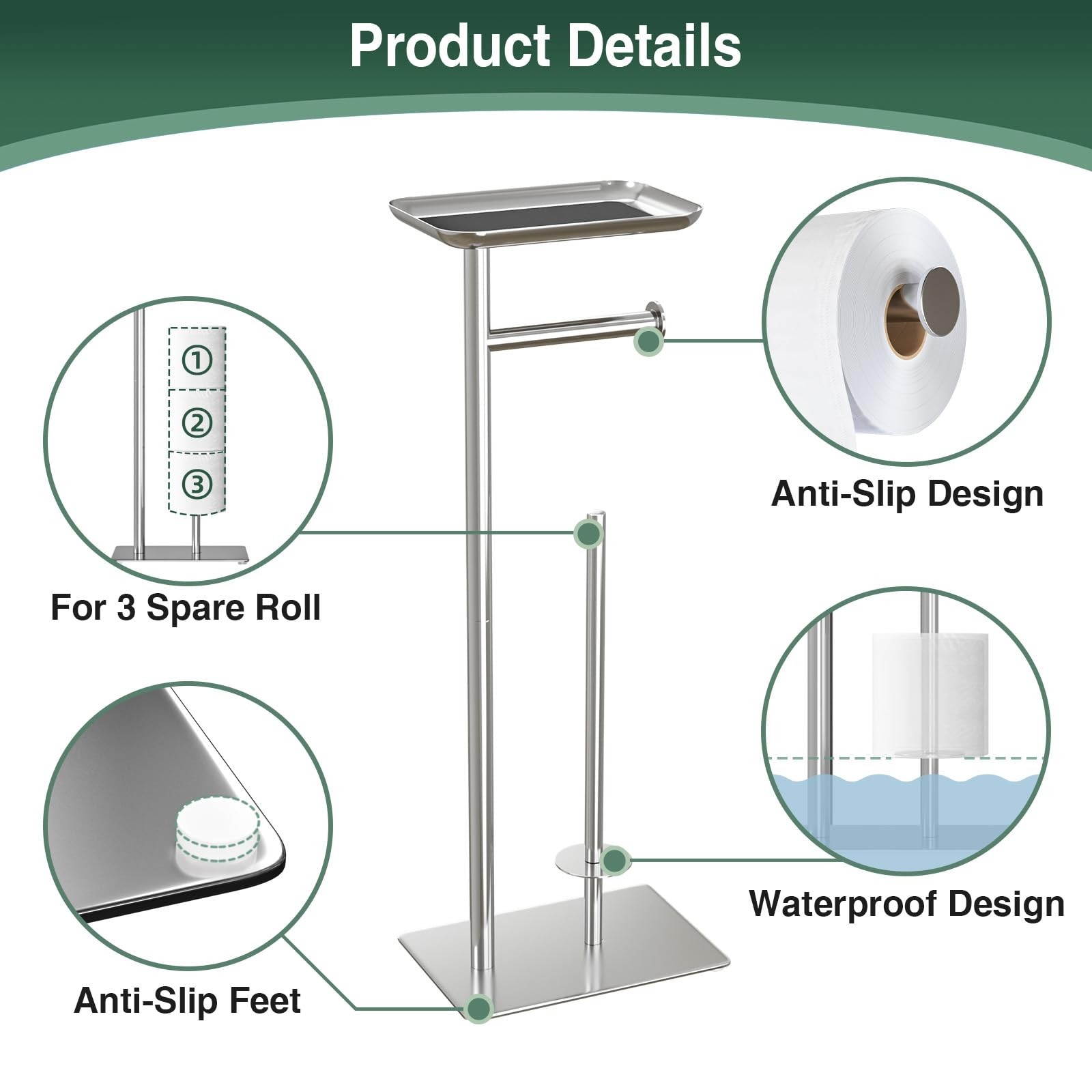 Toilet Paper Holder Stand with Top Shelf, Freestanding for 4 Reserve Rolls New