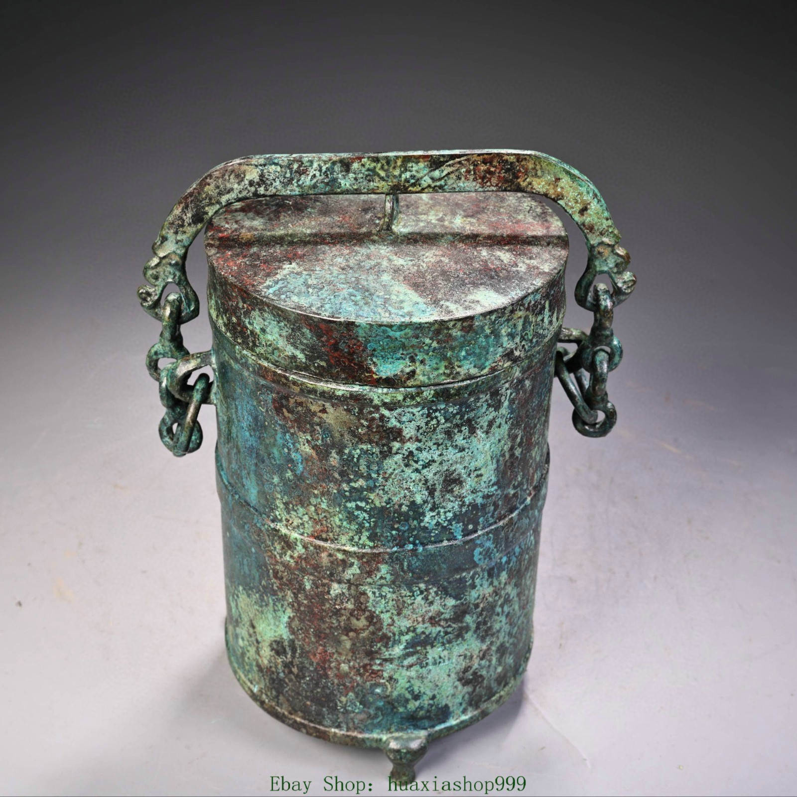 7.4"Collection Old China Dynasty Bronze Ware Chain Portable Crock Pot Jar Tank