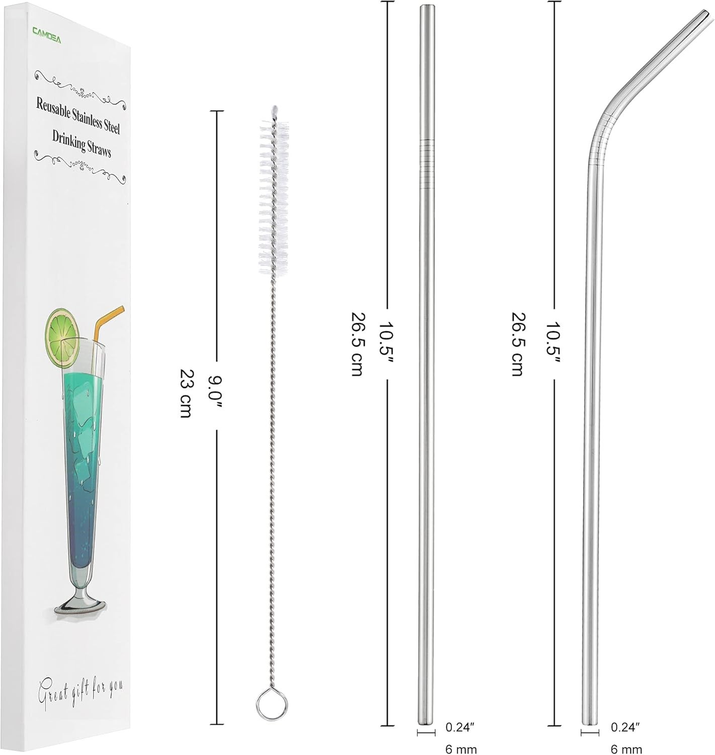 Set of 4 Reusable Metal Straws, Long Stainless Steel Straw with Cleaning Brus...