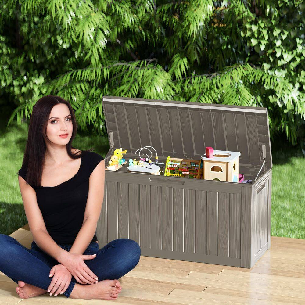 80 Gal. Light Brown Waterproof Resin Deck Box with Lid Rattan-Style Outdoor Stor