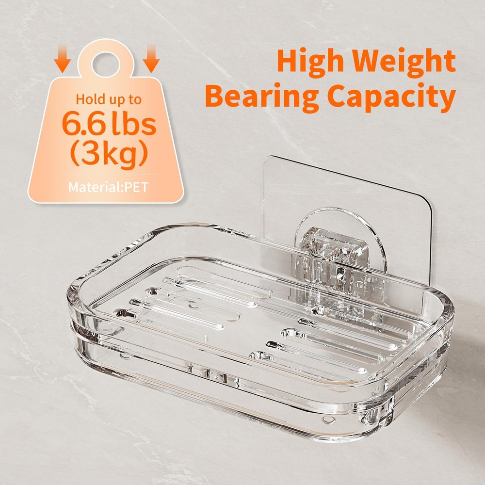 Bar Soap Dish 2 Pack,Self Draining Holder for 4, 2 Pack Clear