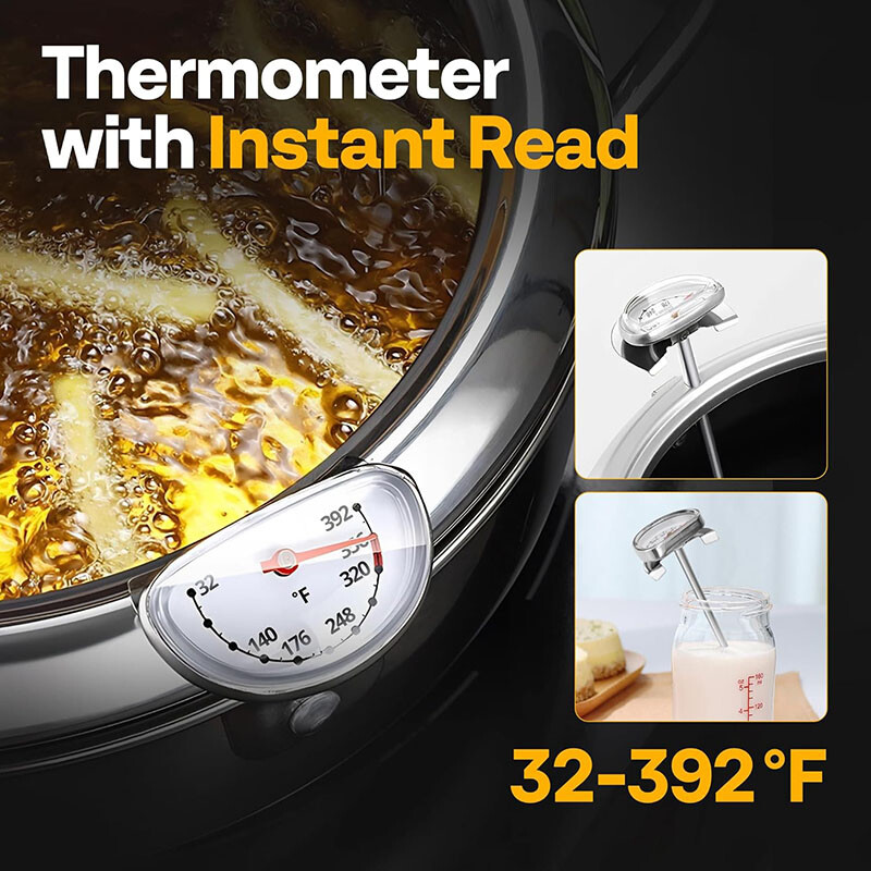 Japanese Style Deep Fryer Pot Stainless Steel with Tong Thermometer Oil Drainer