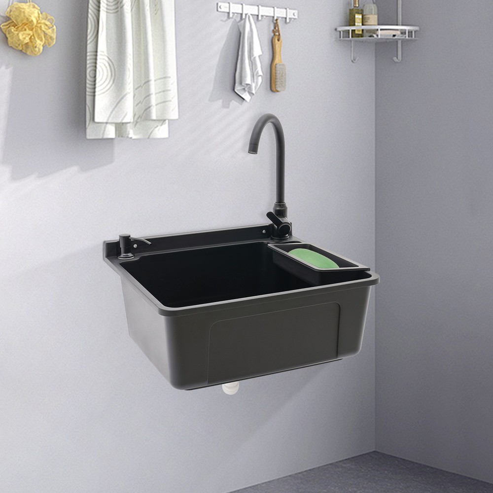 Wall-Mounted Bathroom Sink, Modern Laundry Sink, Rectangular Utility Sink Black