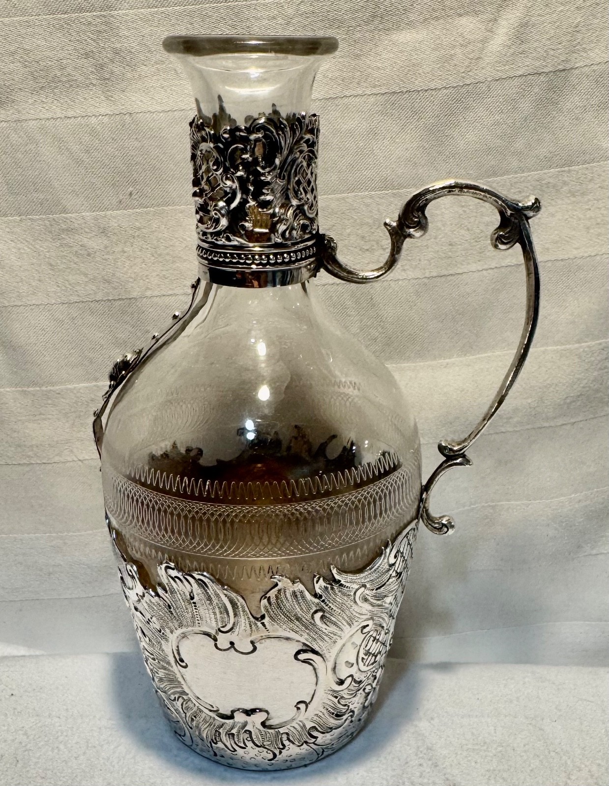Antigue German 800 Silver Crescent & Crown Claret Jug Cut Glass Rococo c.1890