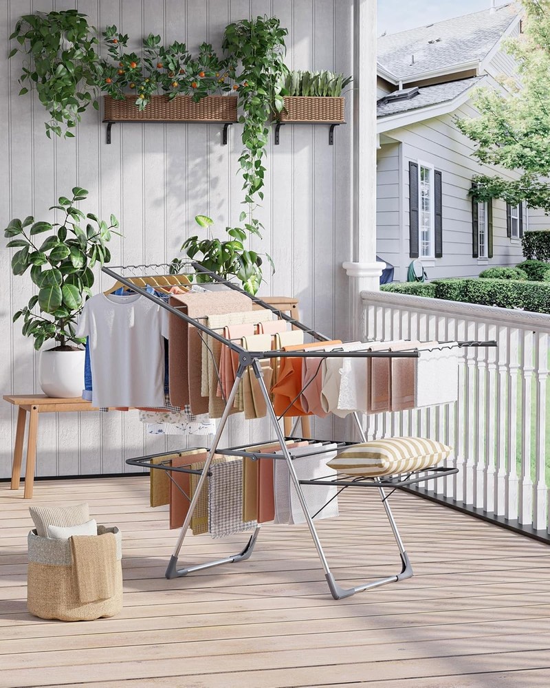 Clothes Drying Rack, Foldable 2-Level Laundry Drying Rack with Height-Adjustable