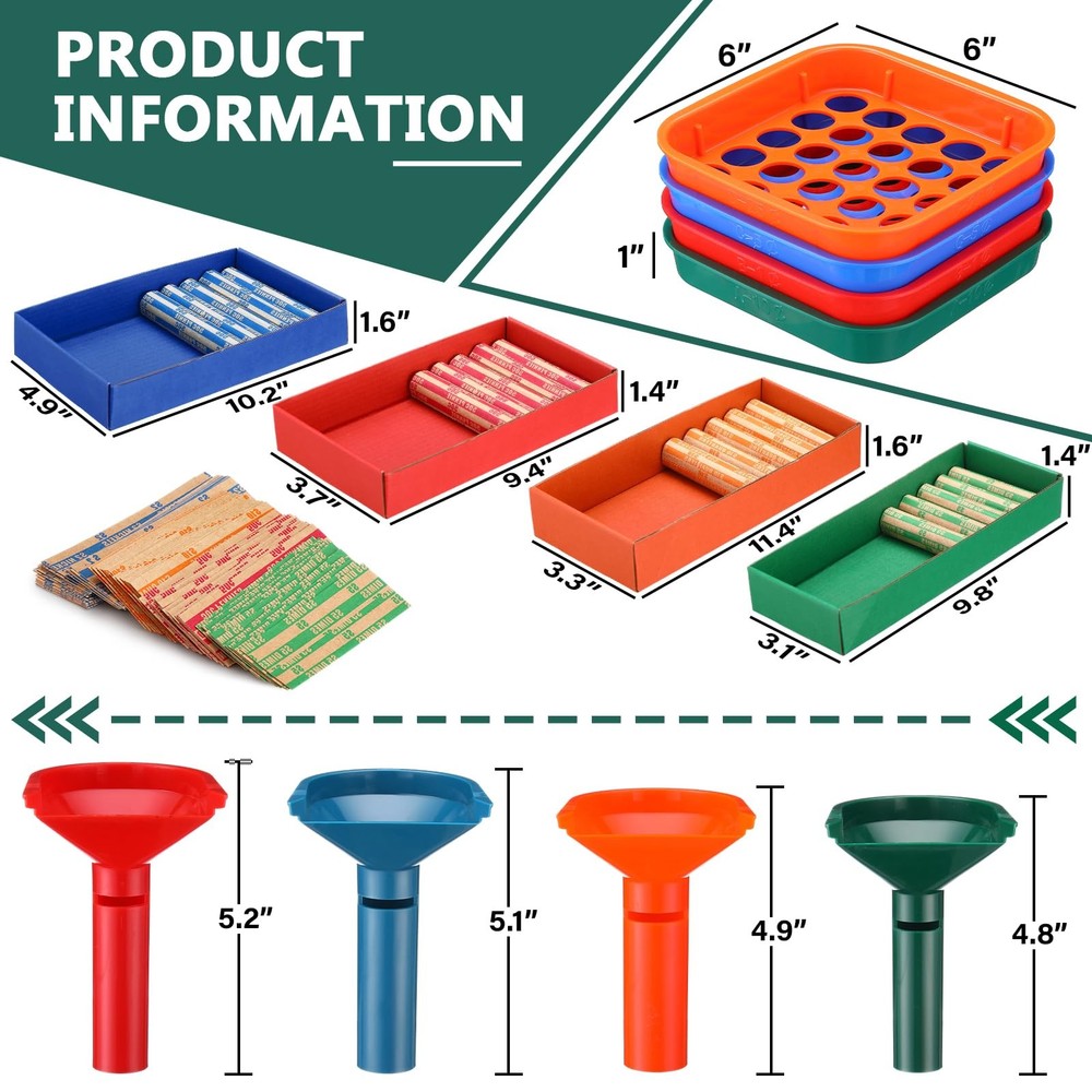 4 Color Coded Coin Sorter Tray Tube Bundle 100 PCS Assorted Wrappers Rolls