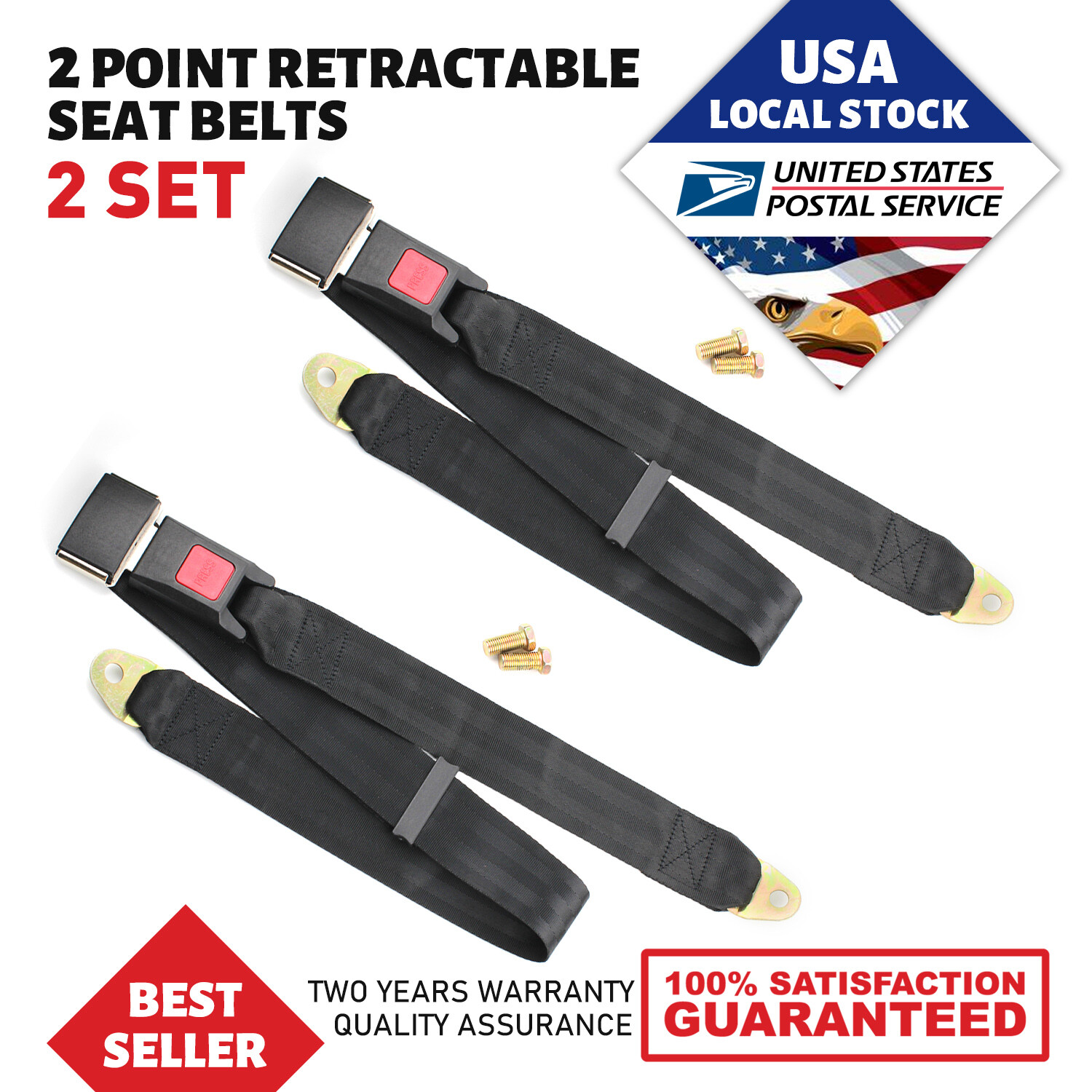 2Pack Universal Lap Seat Belt 2 Point Adjustable Retractable Car Single Seat Lap