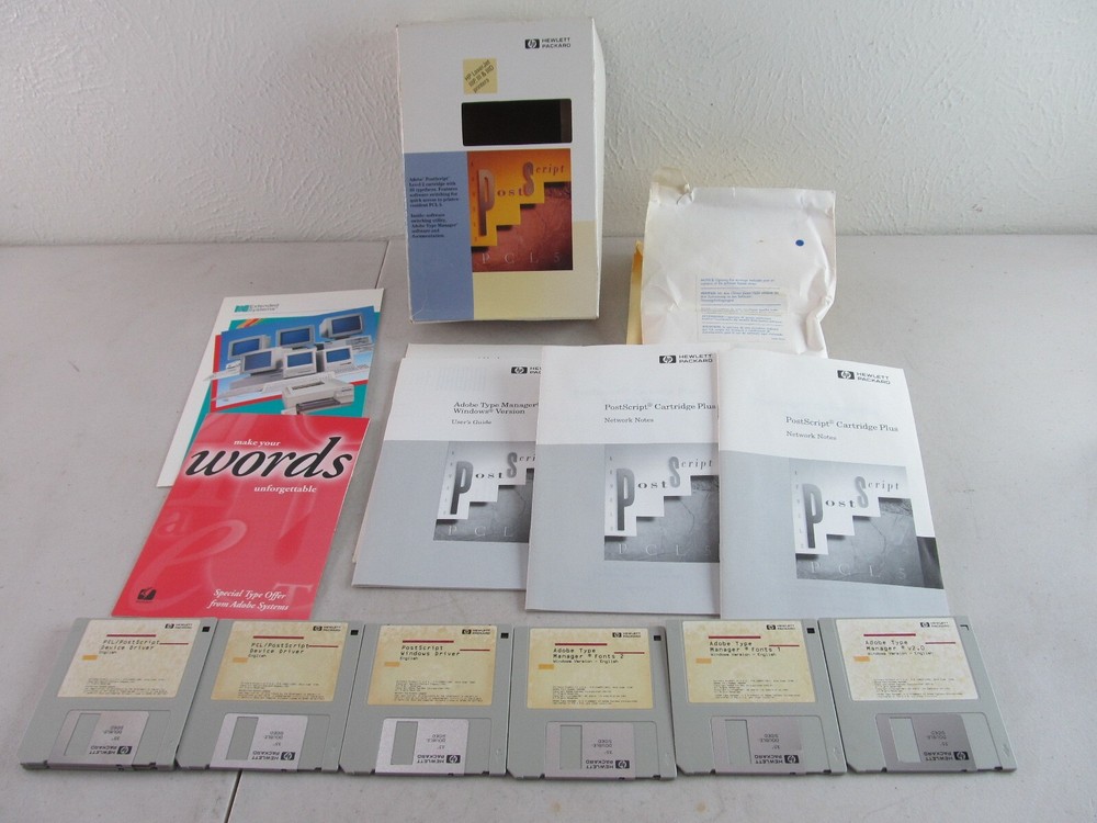 HP Post Script PCL5 Disks w/ Box, Manuals Vintage PC 1990s