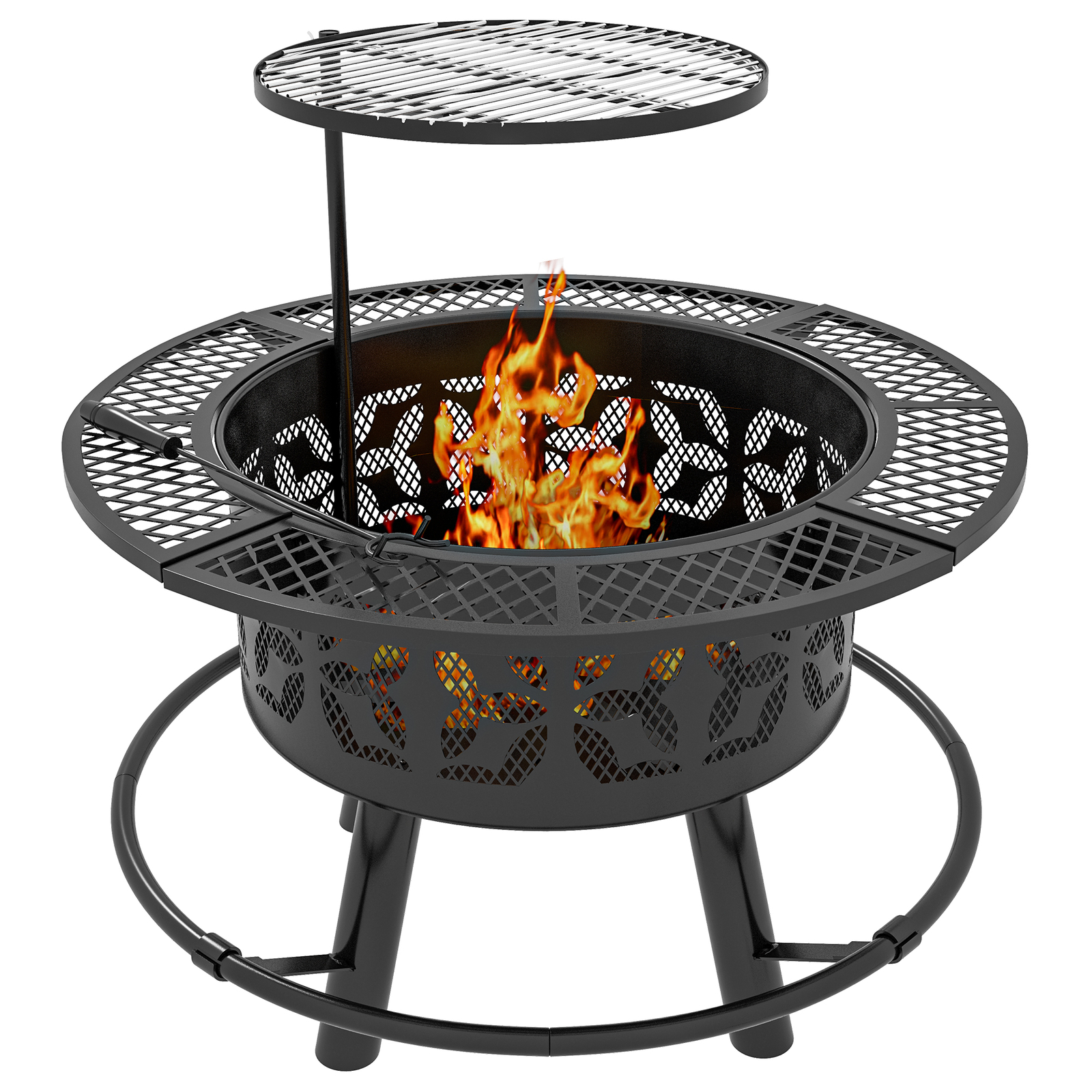 Outsunny Fire Pit BBQ Grill with Poker, Wood Burning Firepit, Black
