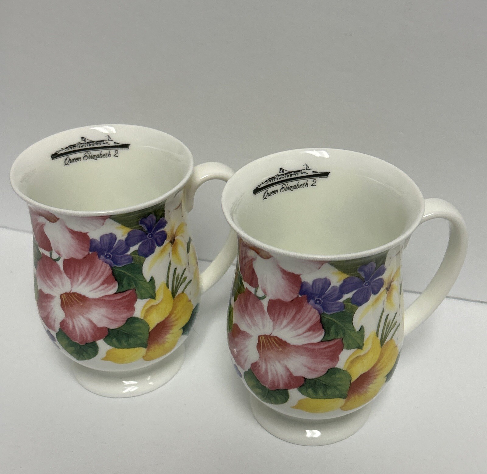 2 WREN china MUGS Mayflower Floral England Queen Elizabeth SHIP QE2 Tea Coffee