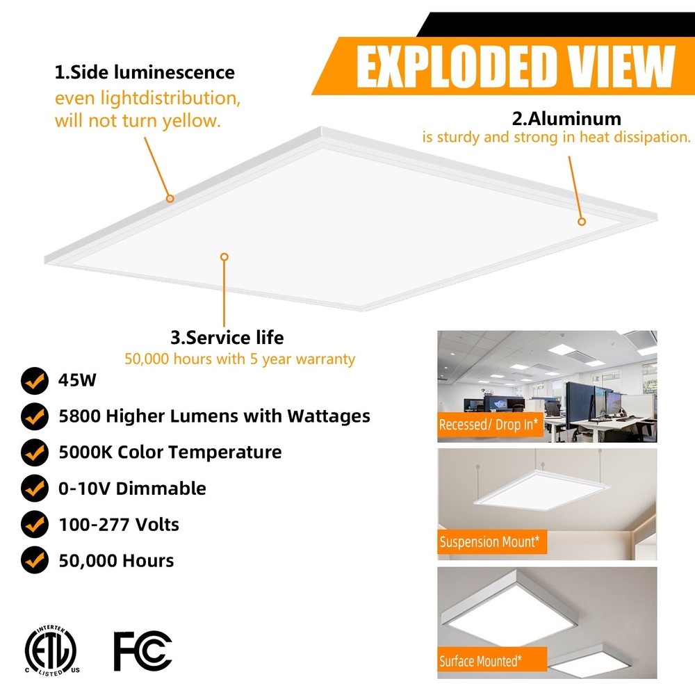 6Pack 2x2 FT LED Flat Panel Lights, Back-lit Drop Ceiling Lights, 0-10V Dimmable