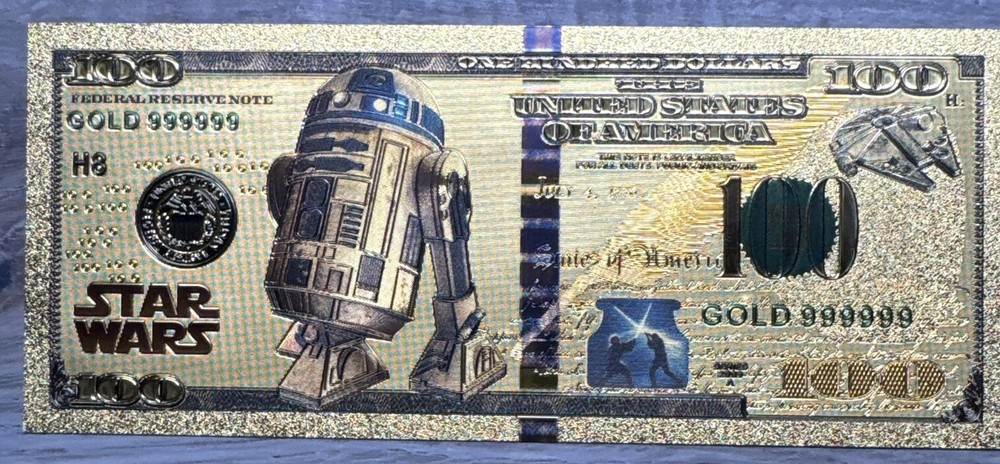 24k Gold Plated R2-D2 Star Wars Banknote Collectible $100 Bill