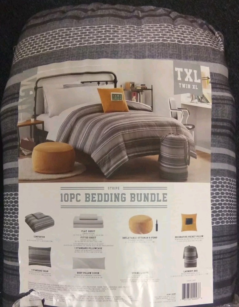 Stripe 10Pc Bedding Bundle Comforter Set W/String Lights & ...See Description