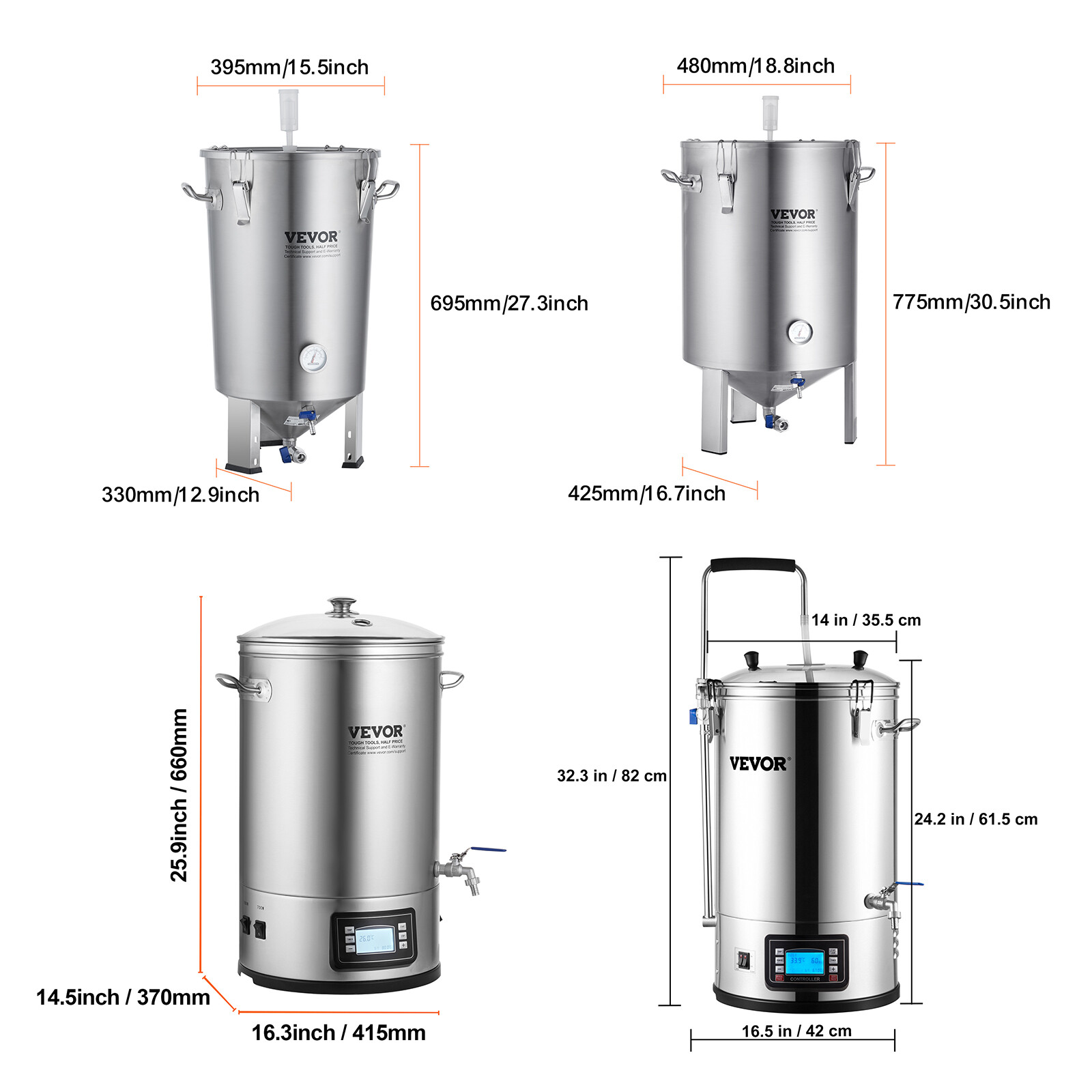 VEVOR 8/16 Gal Stainless Steel Home Brew Kettle Set Beer Brew Bucket Fermentor