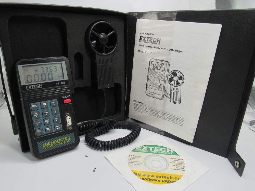 Extech 451126 Vane Thermo-Anemometer Datalogger Case, Manual & Software damaged