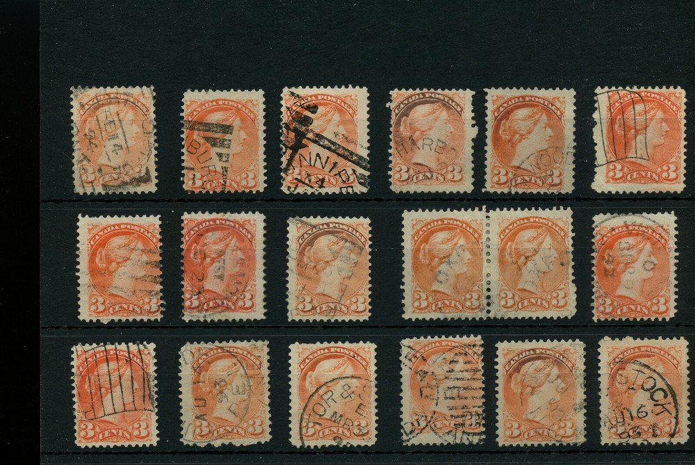 3 cent Small Queen lot various cancels, dated etc. Canada used