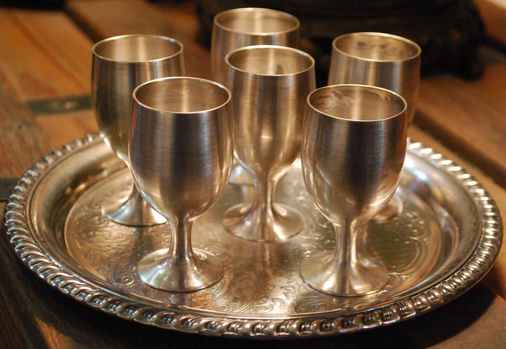 TOASTING SET Vintage LEONARD SILVERPLATE 'EPNS' Cordial Goblet 6 Cups & 1 Tray