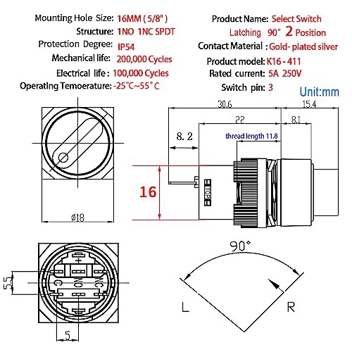 UL Listed Mini Rotary Switch 16mm 5/8" Selector Switch 2 2 Position, 3 Pin
