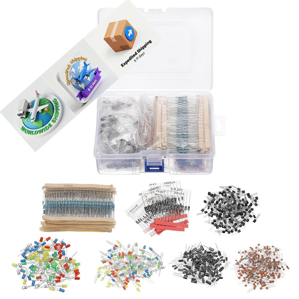 Electronics Component Assortment Kit, 1490 Pcs Resistors, Diodes, Transistors,