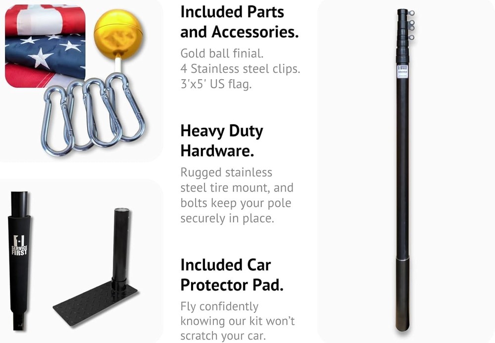 Black Complete Tailgate Flag Pole Package 20FT Black with Stainless Steel Tir...