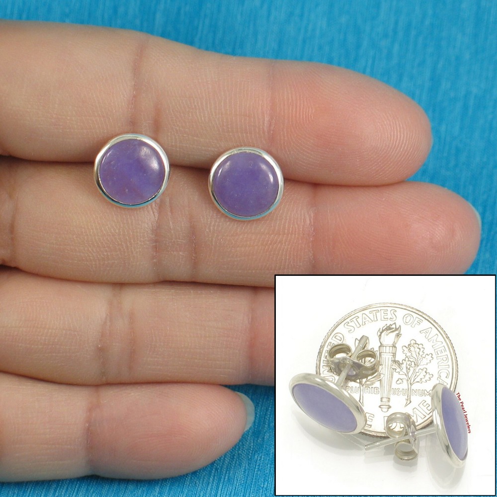 Solid Sterling Silver 925 Lavender Jade Dome Tablet Stud Earrings