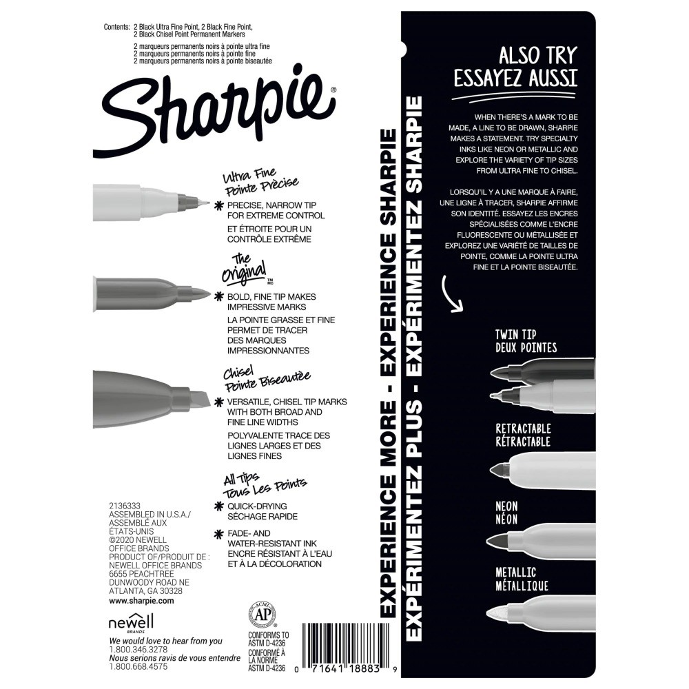 Permanent Markers, Multi-Tip Pack, Fine/Ultra Fine/Chisel Tip, Black, 6 Count