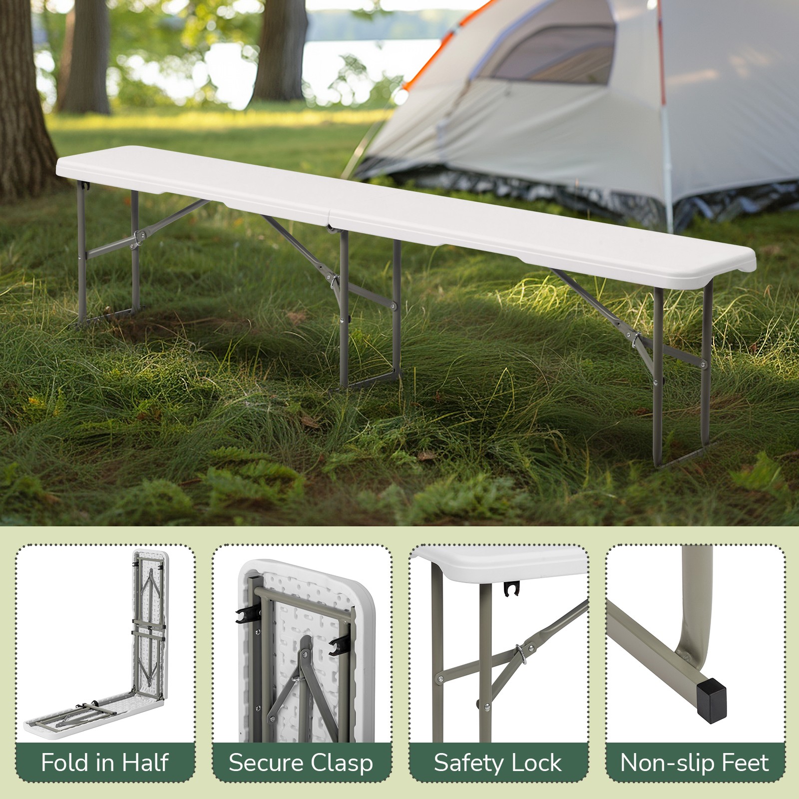 6FT Plastic Patio Foldable Bench Tabletop for In/Outdoor Garden Party Picnic