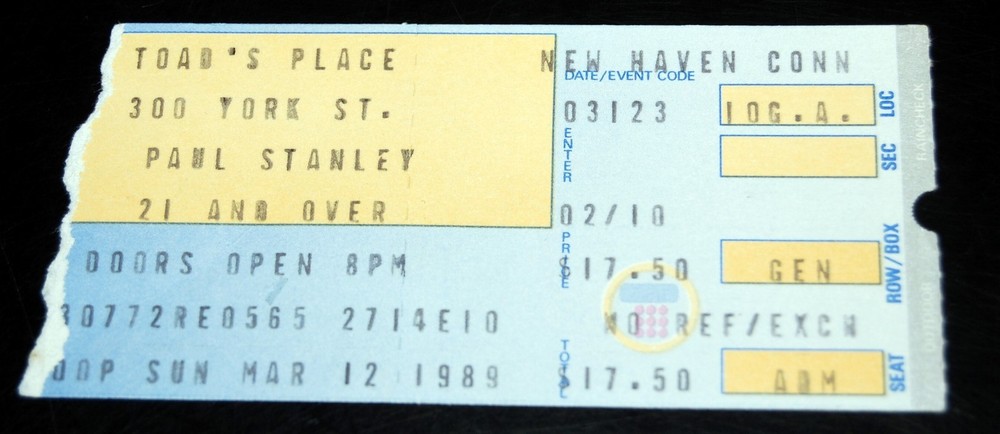 Kiss Ticket Stub PAUL STANLEY Solo Concert Tour 1989 Toads Place CT Vintage Kiss