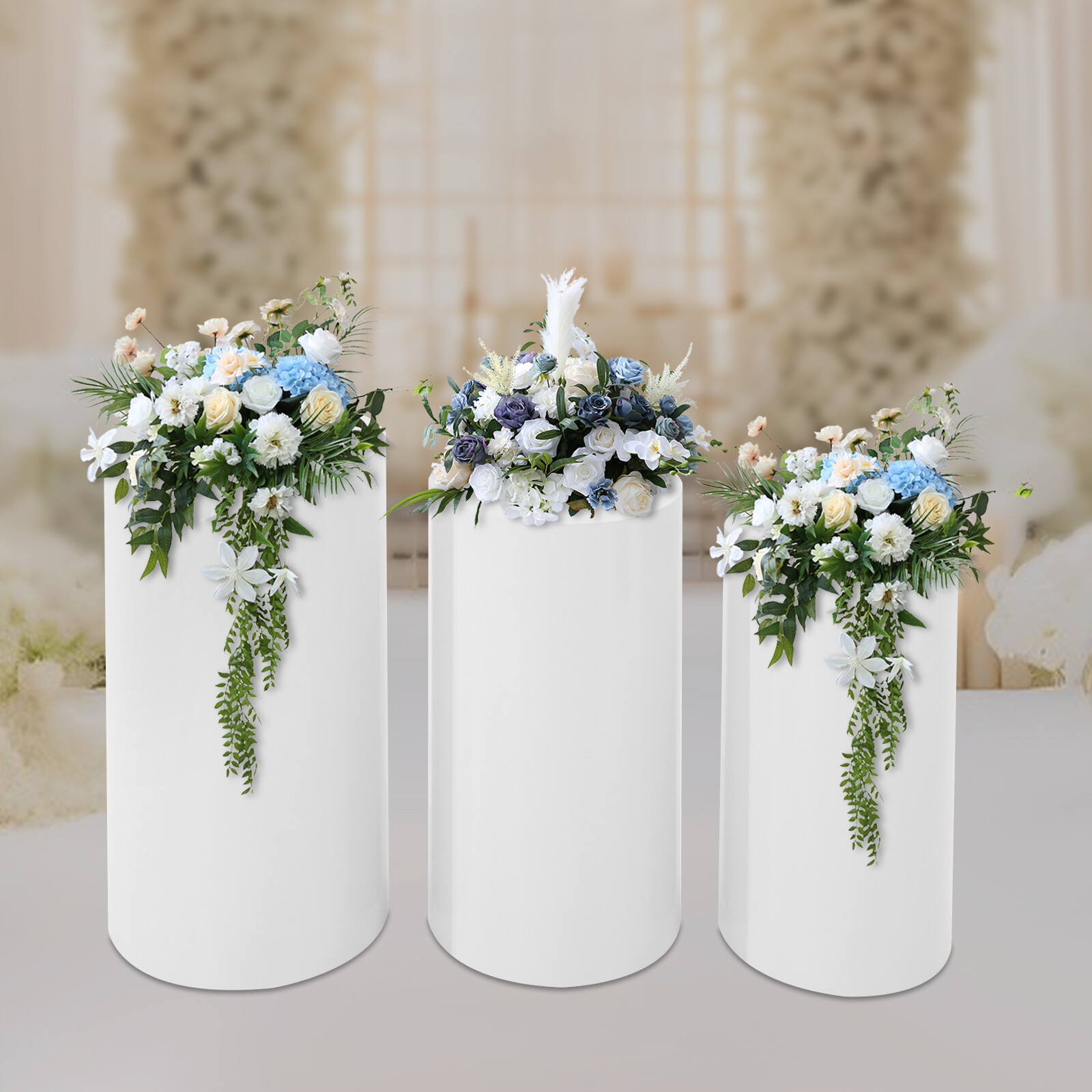 3 Pcs Round Cylinder Pedestal Stand For Wedding Party Display Stand Decor White
