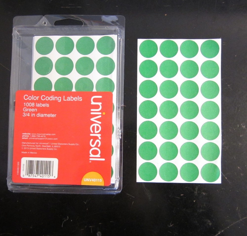 2016 GREEN UNIVERSAL 3/4" ROUND COLOR CODING LABELS STICKER DOTS INVENTORY CODE