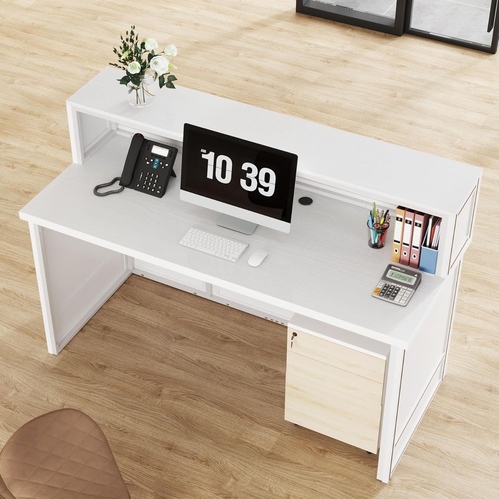 Reception Desk with Counter, 57-Inch Rustic Front Receptionist Table for Office