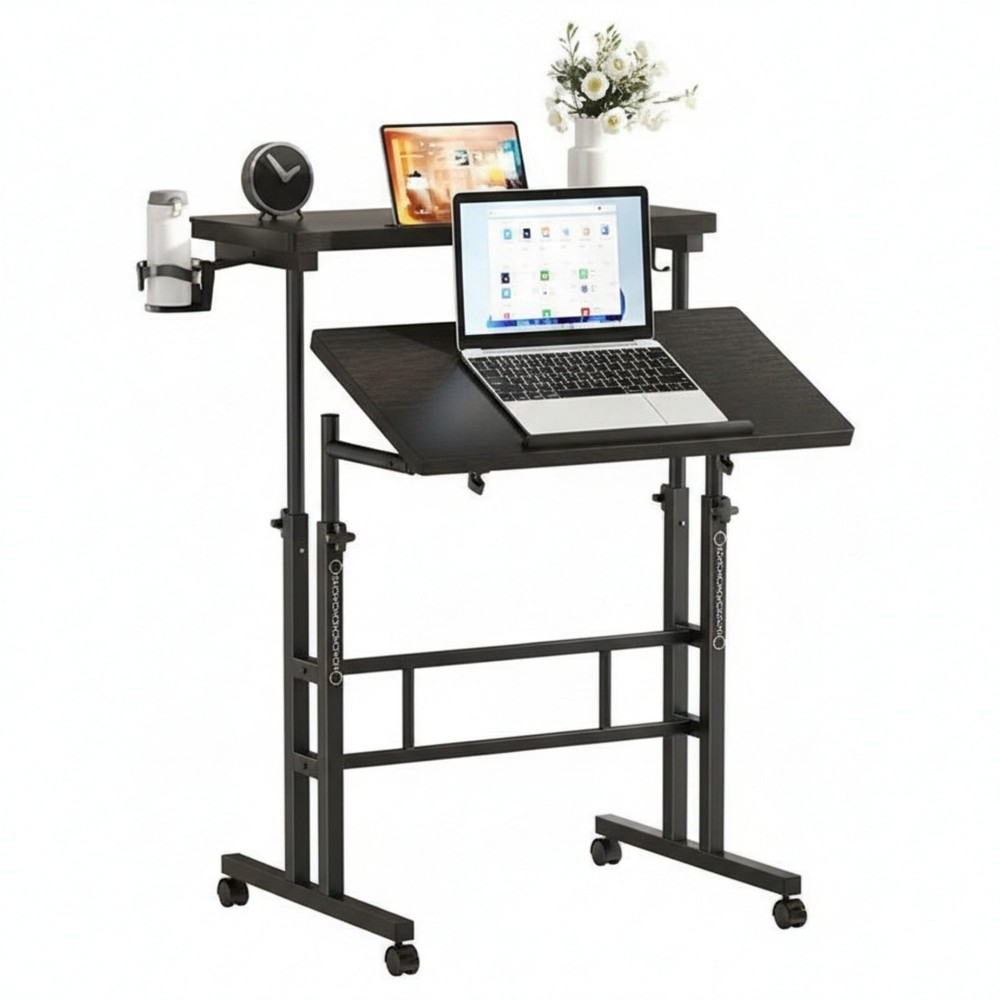 Dual Desktop Height Adjust Rolling Desk w/Cup Holder&Hook,Stand Computer Table