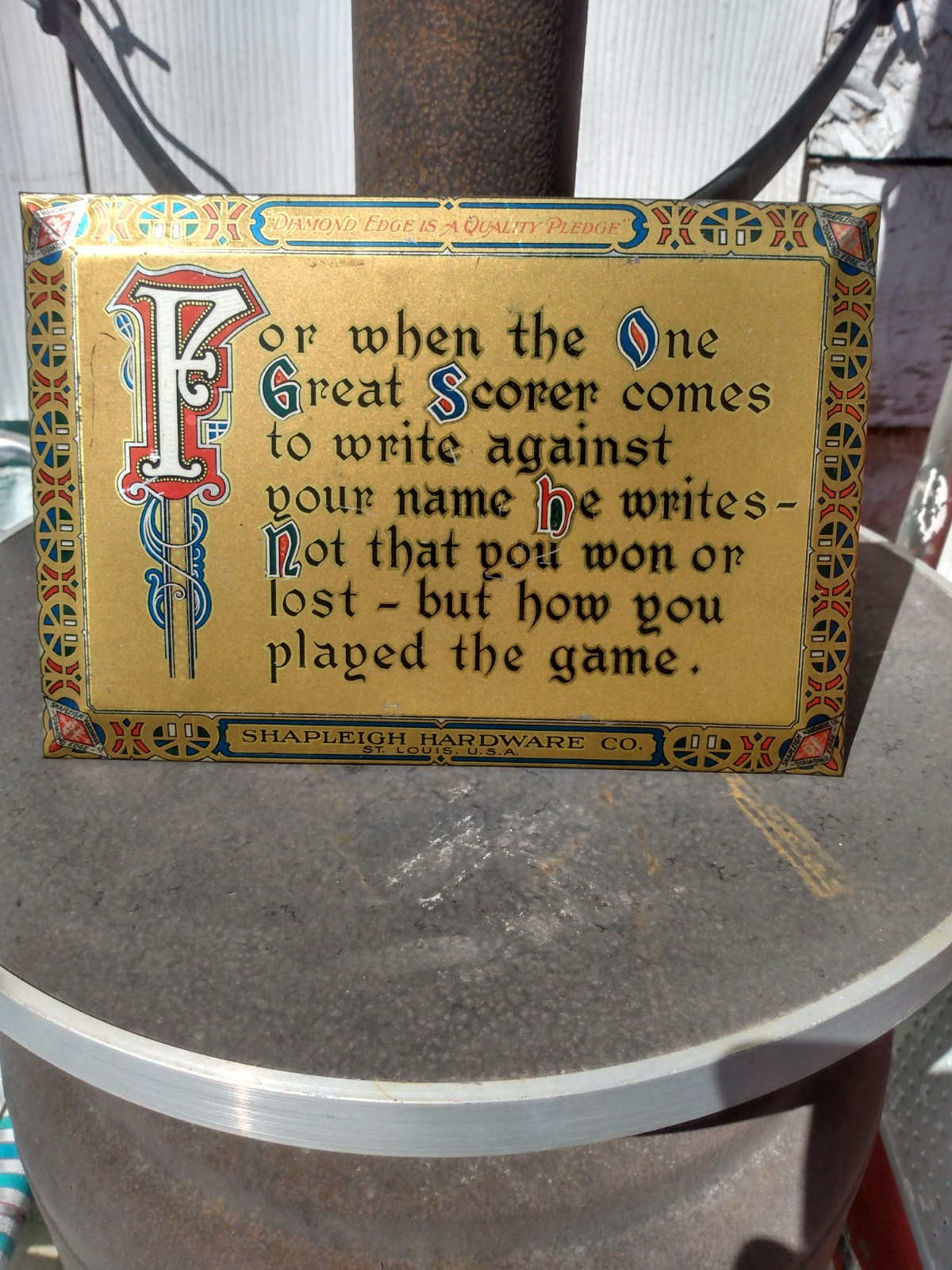 Shapleigh Hardware Co Diamond Edge Is a  Quality Pledge Metal sign St Louis Mo