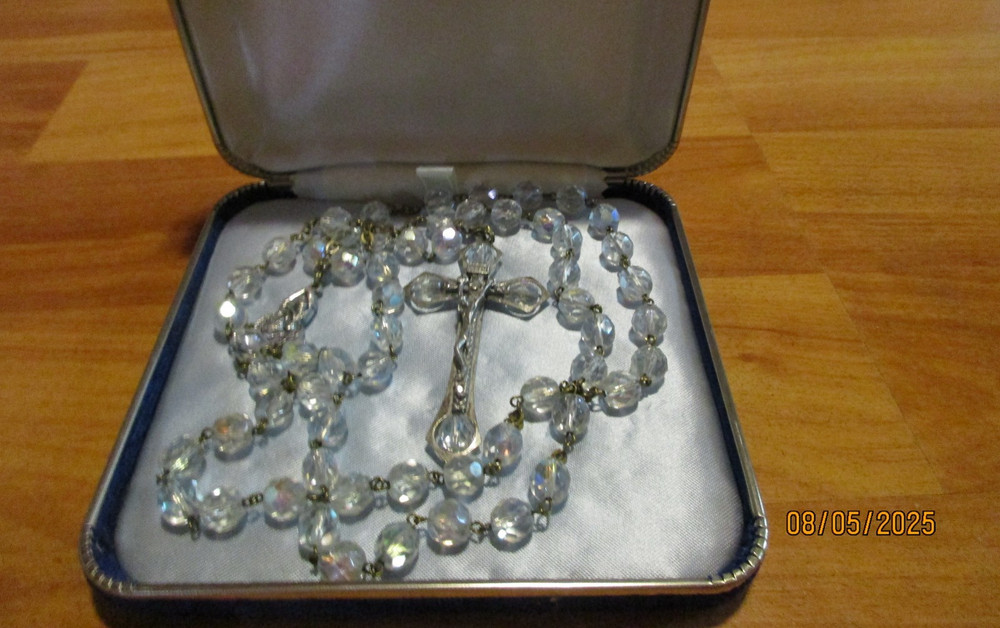 Vintage Clear Beads Rosary 22"  Marked Roma Preowned