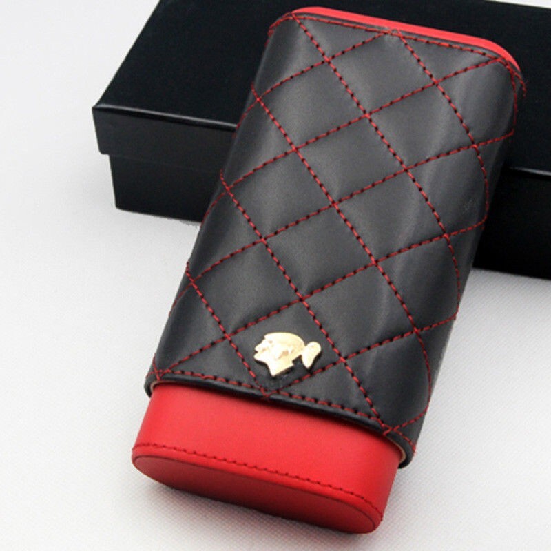 Portable Red Black Leather Cedar Wood 3 Ct Cigar Case Holder Travel Humidor