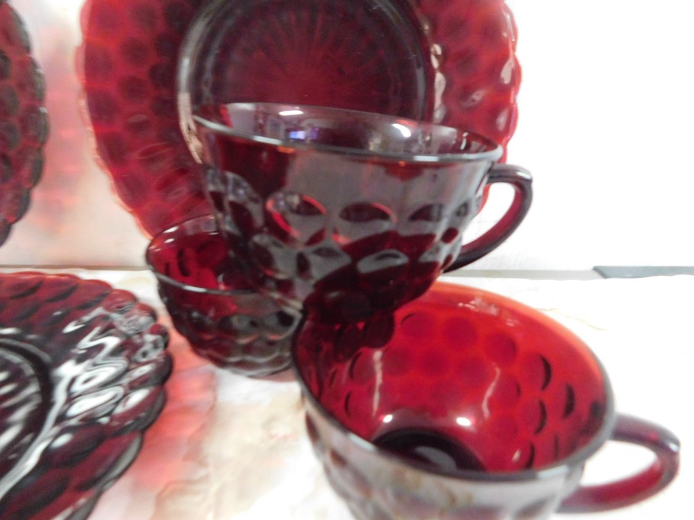 Vintage Royal Ruby Red Bubble Glass Dinner Plates & Cups Set
