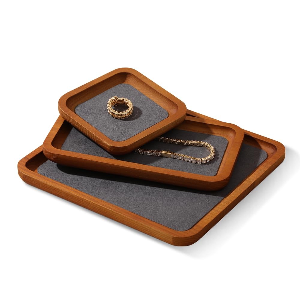 Wooden Jewelry Display Tray Rounded Rectangle Ring Showcase Stackable Elegant...