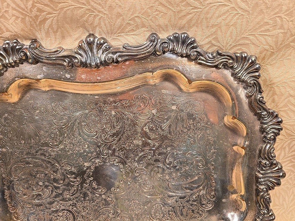 FB Rogers Silver on Copper Rectangle Footed Serving Tray Platter #6720 11x14