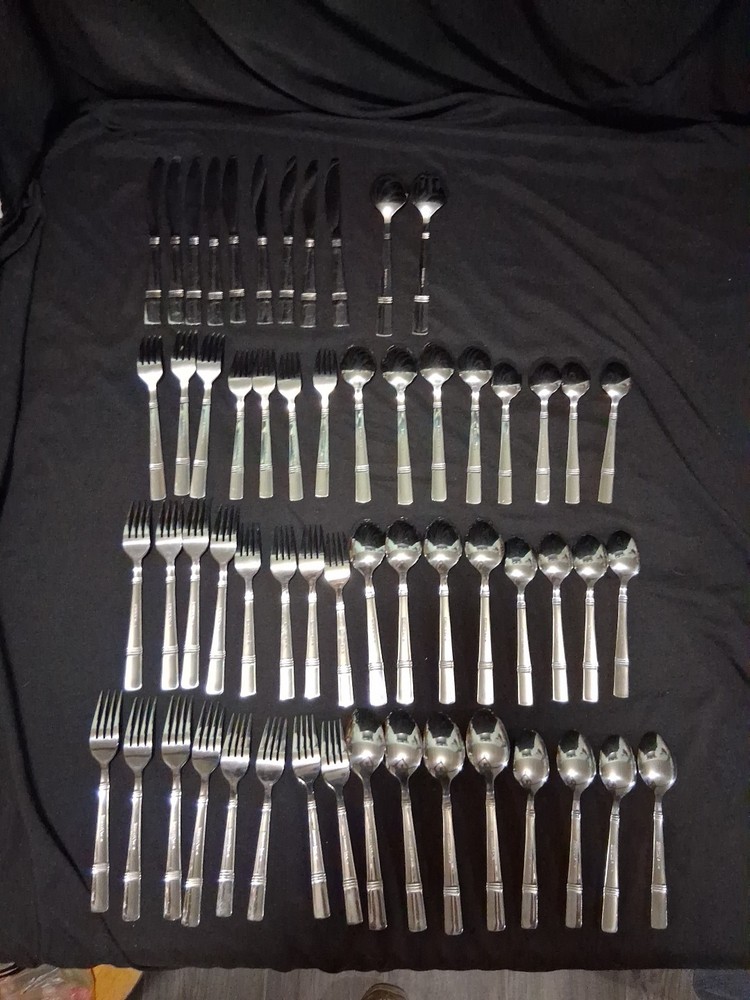 58 Pc Set Cambridge Braylen Mirror Stainless Bands Flatware Silverware