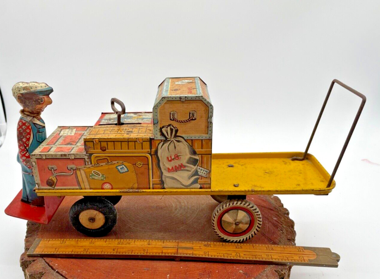 Rarer Vintage Unique Arts Tin Litho Finnegan Baggage Handler windup toy--2875.24
