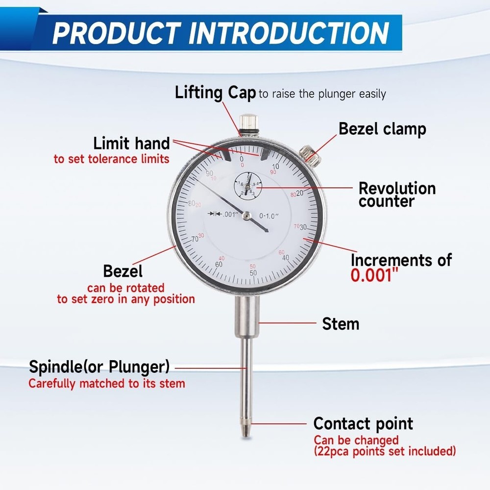 Dial Indicator with Magnetic Base, 0-1"×0.001" Precision Dial Test Indicator Set