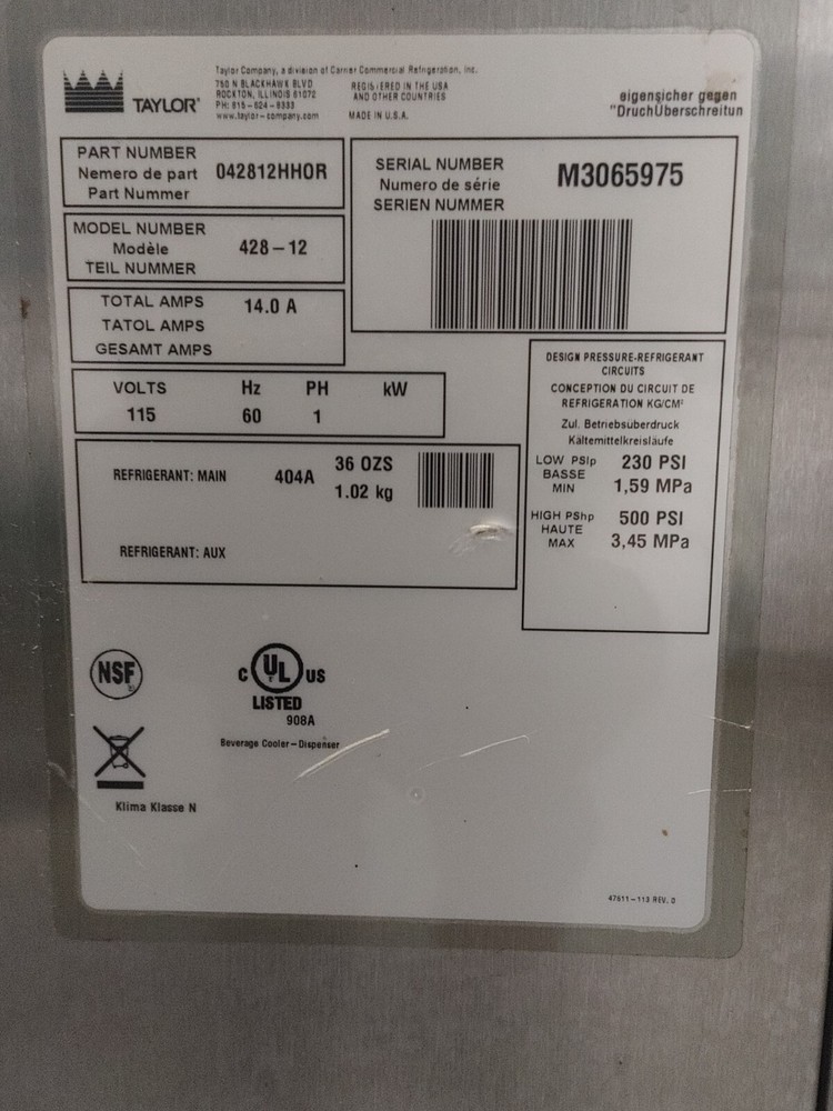 Taylor 428-12 Milkshake Machine Year 2013