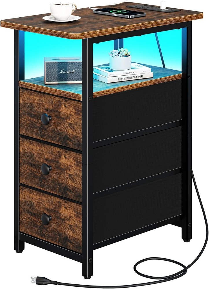 End Table W/ Charging Station LED Narrow Side Table Bedside Table Small Night