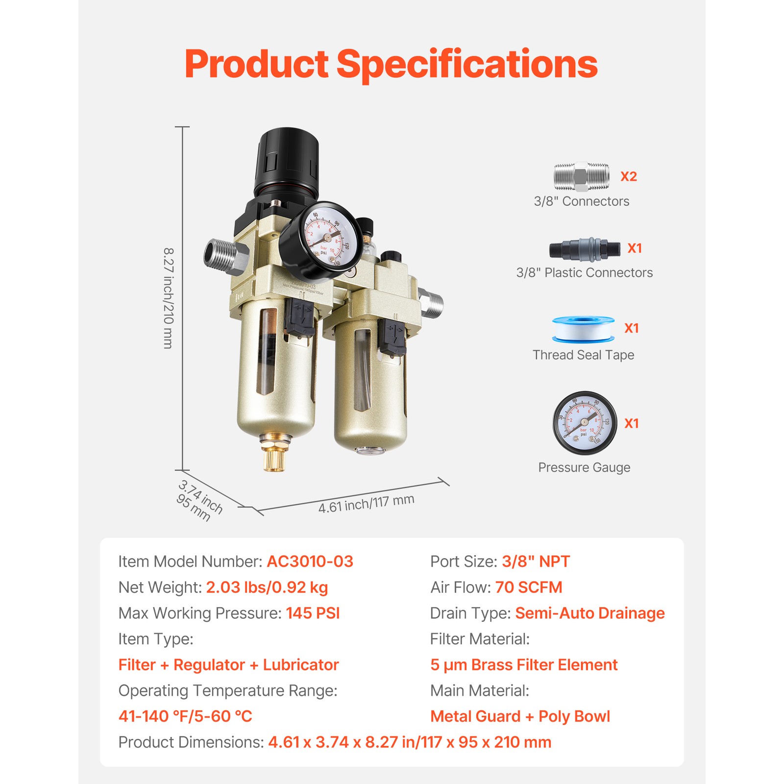 Uimoso Air Compressor Filter Regulator Lubricator 3/8" NPT Semi-Auto 145 PSI Max