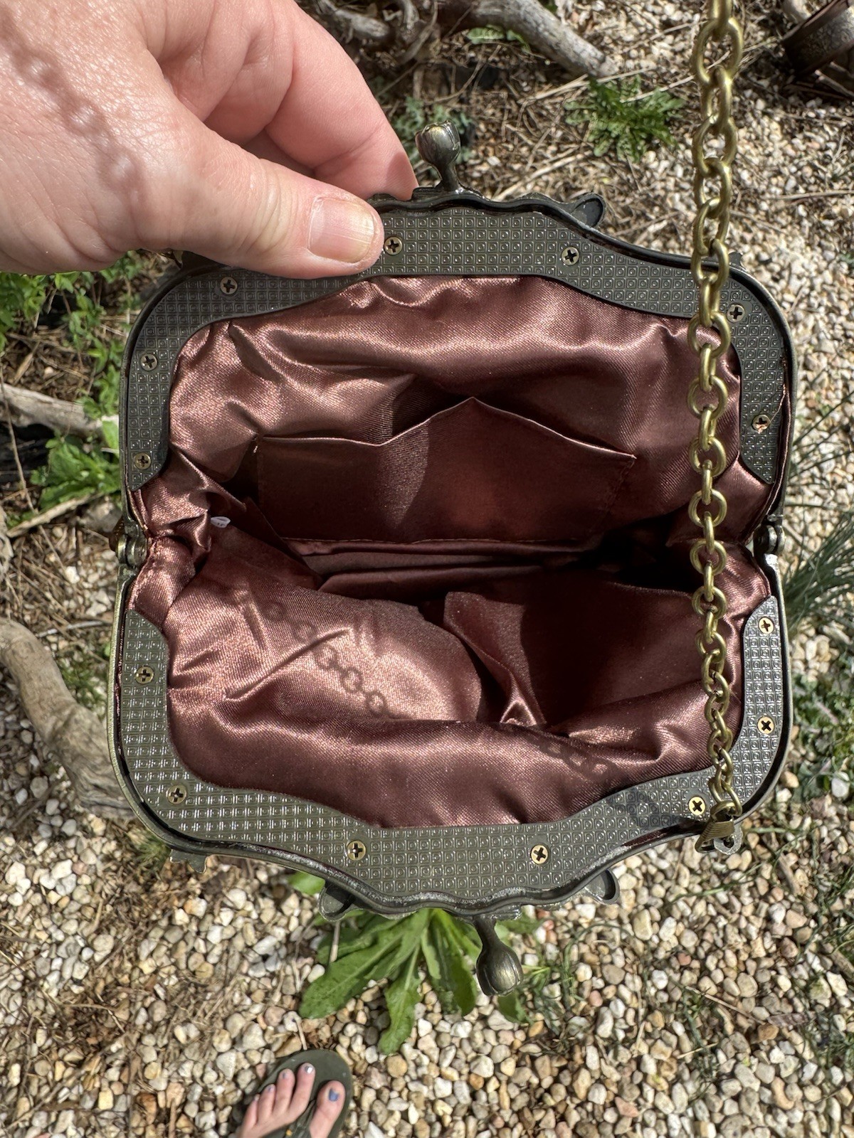 Vintage Beaded Evening Bag Brown Kiss Lock Closure Bronze Metal