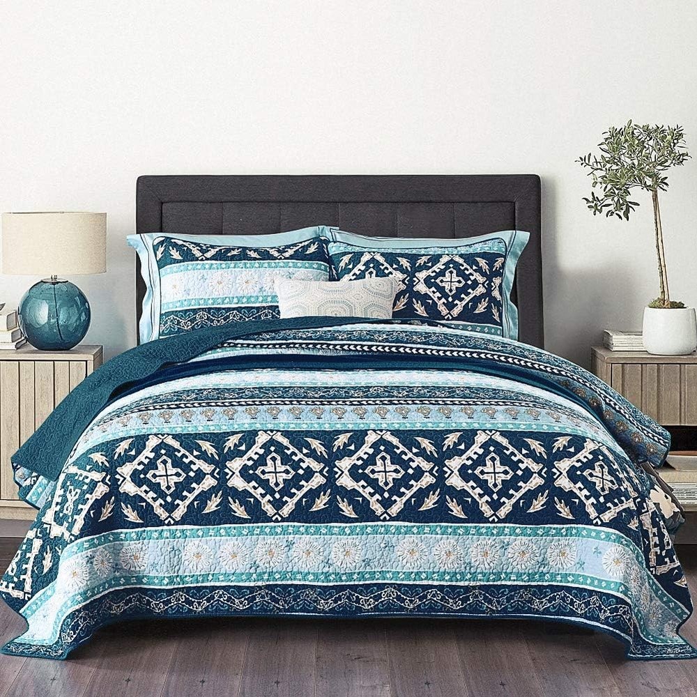 Cotton Bedspread Quilt Sets-Reversible Patchwork Coverlet Set Boho Chic