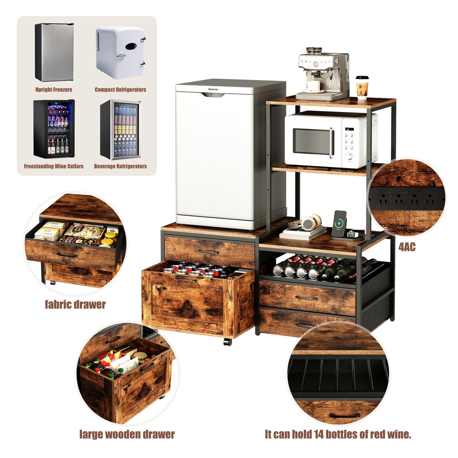 Mini Fridge Stand with Wine Rack Power Outlet Microwave Oven Stand Coffee Bar