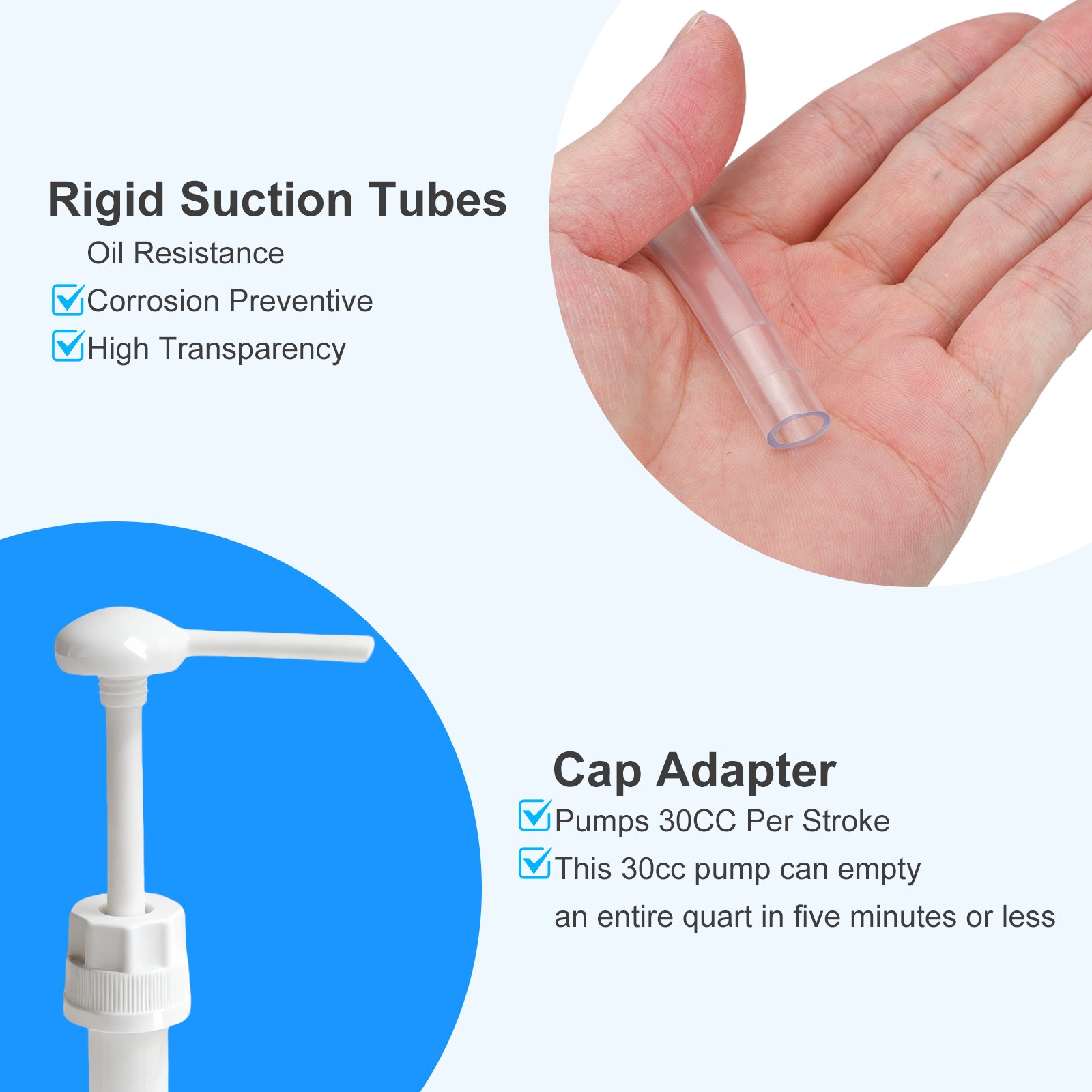 30cc Hand Oil Transfer Pump W/ 4 Cap Threads Adapters for Gallon & Quart Bottles