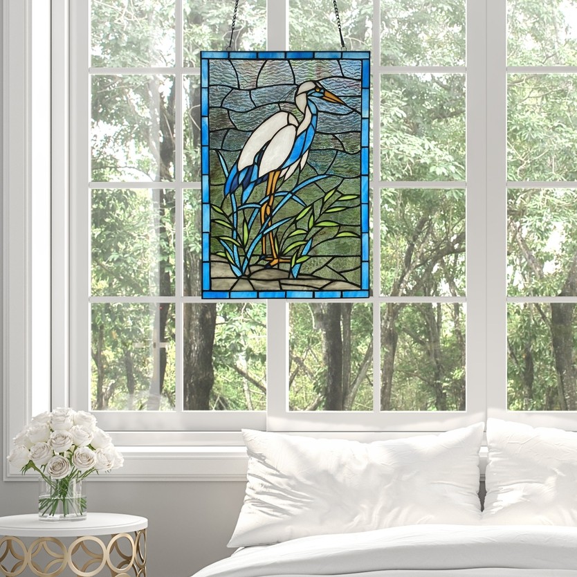 18" White & Blue Crane Stained Glass Window Panel
