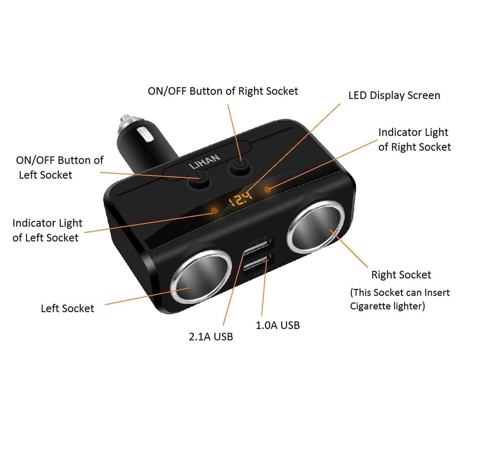 LIHAN 2 Socket Cigarette Lighter Adapter, Car Charger Plug Medium, Black